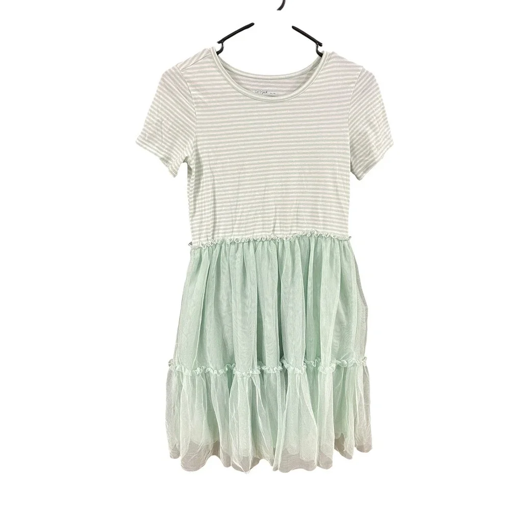 Cat & Jack Girls XL 14 Mint Green Striped Tulle Tiered Tutu Dress Short Sleeve